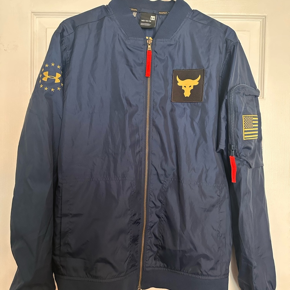 Under Armour Mens Blue Varsity Bomber Jacket with Patches